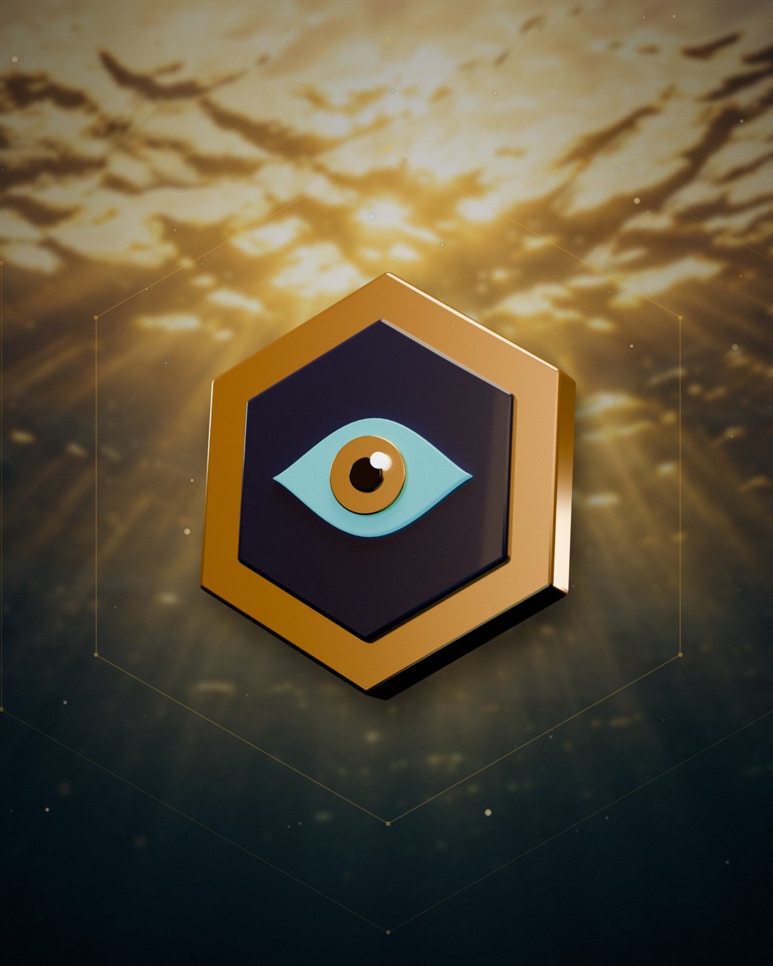 GOLD SENTRY のロゴ。海中に差し込む光の中に、見張りの目を描いた金色の六角形の盾が浮かんでいる。