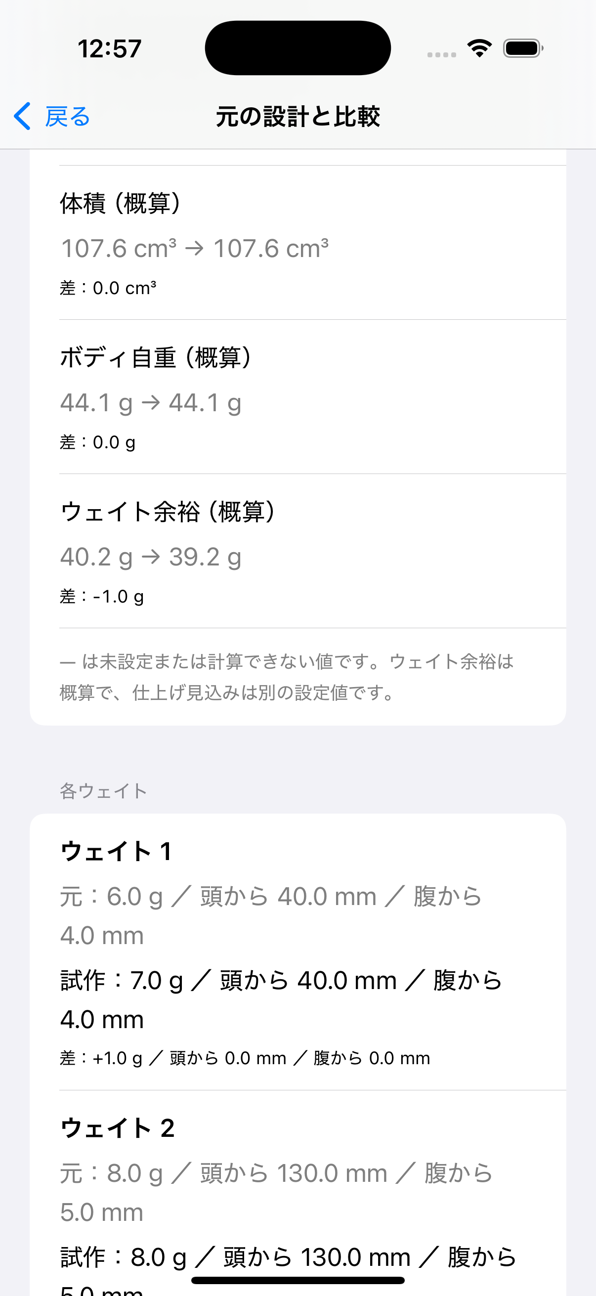 LureSmithの元の設計と比較画面。体積、ボディ自重、ウェイト余裕の概算と、変更前後の各ウェイトを表示。